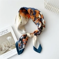 Silk square scarf featuring orange floral prints and navy blue trim on cream base - 70cm / White Cat Orange Flower