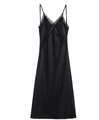 Close-up of black satin midi dress featuring delicate lace trim and silk texture - XS / Black
