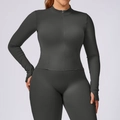 Charcoal grey plus size yoga set with thumbholes and high-neck zipper jacket - XXL / Outerwear / Volcanic Gray