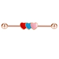 Piercing industrial oro rosa con tre cuori colorati in smalto su barra d'acciaio - Cuore