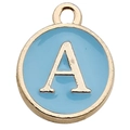 Light blue enamel round letter A charm with gold plating for DIY jewelry making - Letter A / 1 Piece (12x14mm) / Lake Blue