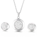 Silver stainless steel jewelry set with round pavé crystal pendant and matching earrings - Micro Pave Round Necklace and Earrings Set (KS40638-Z)