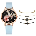 5-piece set with rose gold floral quartz watch and minimalist bracelets on white background - Bracelet / Sky Blue