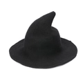 Detailed view of the black knitted witch hat showing fine fabric texture and curved peak - Black