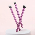 Three professional purple metallic makeup brushes with dual-tone bristles on a white podium - 3 Pcs Long Tube Purple
