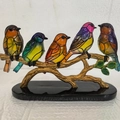 Five colorful birds on gold branch with black base decorative metal bird ornament - 5 Birds Ornament / Resin