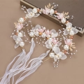 Detailed view of handmade flower headband with pearls and ribbons for flower girls - Pink Set (Headband + Wrist Flower)