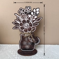 Detail of wooden flower bouquet in mug with MOM tag and size markers 12.5x19.5 cm - MZ804E / Brown