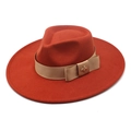 Detail of the orange wool fedora hat featuring a beige ribbon bow and golden bee badge - M (56-58cm) / Rust red