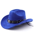 Detail of royal blue cowboy hat with black leather band and silver skull metal badge - M (56-58cm) / Sapphire Blue