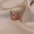 Golden alloy rabbit brooch with pink heart gemstone and sparkling white rhinestones - 526# Rabbit