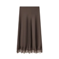 Chocolate satin midi skirt with elegant lace trim hem displayed on a clean white background - Brown