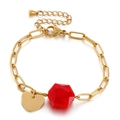 Golden heart charm bracelet featuring a red hexagonal bead and adjustable link chain - Gold Red Hexagonal Bead (KB145363-Z)
