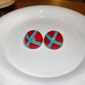 Vintage gold plated red and blue enamel stud earrings with a retro dome shape design - Red Sky Blue Cross Enamel Style / Red