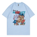 Light blue cotton T-shirt featuring a funny cat-themed 4th of July graphic print - Light Blue