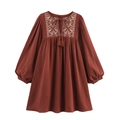 Bohemian rust red long sleeve mini dress with white floral embroidery and tassels - XS / Burgundy