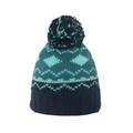 Detailed view of the diamond geometric jacquard knit pattern and colorful pom-pom top - Deep Blue Dark Green