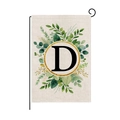 Christmas garden flag with letter D, golden ring, and green eucalyptus leaves print - Letter D