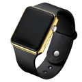 Detail view of the sleek gold square case and black silicone strap on this digital watch - Black Gold Single Watch