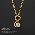 14K gold plated stainless steel necklace with rhinestone and 'O' letter pendant - Letter O