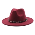 Detail of burgundy wool fedora hat featuring star studs and silver western metal buckle - Burgundy