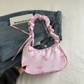 Pink crescent underarm bag with floral rose print and trendy ruched handle detail - Pink