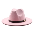 Close-up of pink wool fedora hat featuring a brown leather band and gold metal buckle - M (56-58cm) / Pink