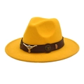 Detail of yellow wool fedora with brown leather band and silver bull head metal ornament - M (56-58cm) / Yellow