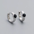 S925 sterling silver hoop earrings with round black onyx stones in minimalist design - Platinum Color (Black Onyx)