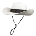 Detail of white straw cowboy hat with leather band, metallic bull logo and chin strap - M (56-58cm) / Pure White