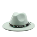 Detailed view of mint green felt fedora with turquoise gems on a black leather band - M (56-58cm) / Mint Green