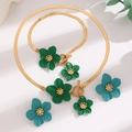 Golden flat snake chain set with deep green flower pendants and gold bead accents - 14 Green-themed 3-piece Set (earrings + Anklet + Necklace)