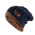 Gorro de punto azul marino para invierno con forro de pelo sintético y parche de cuero - Azul marino