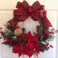 Christmas wreath with red poinsettia, pine cones, berries and Joy To The World wood sign - JOY Style / 30cm