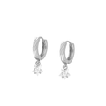 Detail showing silver huggie hoop earrings with transparent pentagram star pendants - Star Dangle Earrings / Silver