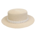 Flat top beige straw hat with elegant pearl and lace ribbon trim for summer - Pearl Lace Decor Band Style (302I)