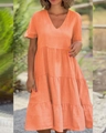 Oranje mini-jurk met V-hals en een gelaagde uitlopende rok in een casual stijl - Koraalrood