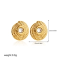 Macro view of 18K gold plated spiral earrings with centered crystal and size data - Spiral Rope Design / Gold