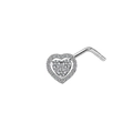 Detailed macro view of L-shaped silver nose stud featuring a heart shape with clear zircons - Silver Heart Style (#5)