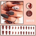 Faux ongles amande rouge pailleté avec motifs de feuilles peints à la main W919 - Style de Feuille Pailletée Bordeaux (Style Colle W919)