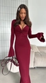 Detail of burgundy V-neck dress with flare sleeves and elegant knot chest design - S / Burgundy