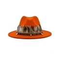 Orange felt fedora hat featuring ethnic woven band and natural feather decoration - M (56-58cm) / Orange