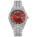 Silver iced-out hip hop watch featuring a red Roman numeral dial and date display - Silver Red