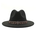 Classic black wool fedora hat with studded brown leather band and metallic gear emblem - M / Black