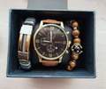 Men's gold quartz watch with brown leather strap and two bracelets in a gift box - Gold Case Dark Brown
