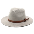 Panama-Strohhut mit breiter Krempe und braunem Lederband für Damen und Herren - M (56-58cm) / Grau