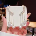 S925 silver fringe earrings with crescent zircon and dangling white pearls - Crescent Pave Zirconia Pearl Tassel Earrings (E0098)