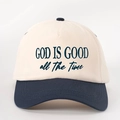Detailed embroidery of 'GOD IS GOOD' on beige and navy blue two-tone baseball cap - Beige and Navy