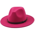 Fuchsia wool fedora hat for women with black leather band and gold bead accents - M (56-58cm) / Rose Red