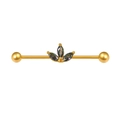 Golden industrial barbell earring featuring three marquise-cut iridescent stones - Gold Rainbow Marquise CZ